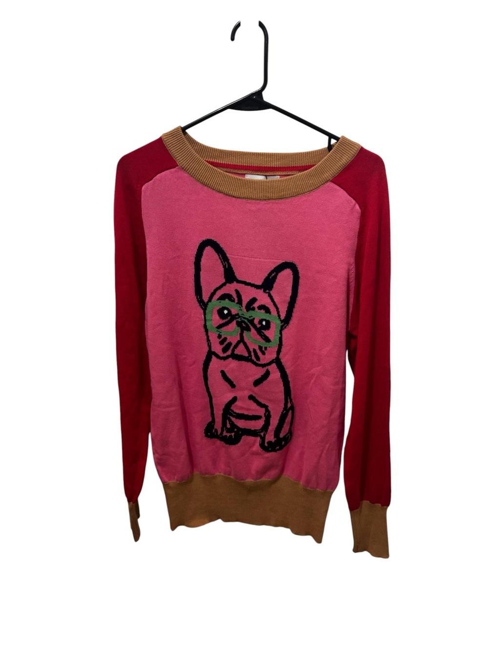 Oxknit PINK FRENCH BULLDOG SWEATER – RED SLEEVES & RETRO VIBE Size Large